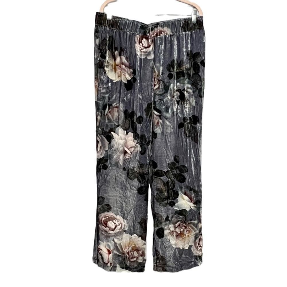 Johnny Was “Midnight Rose” Gray Floral Velvet Wide Leg Pants Size Small New